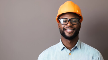 smiling man wearing glasses and orange hard hat, showcasing confidence and professionalism