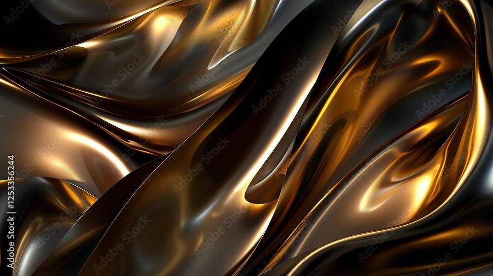 Poster 3d rendering of abstract background with smooth and wavy folds of golden and black silk.