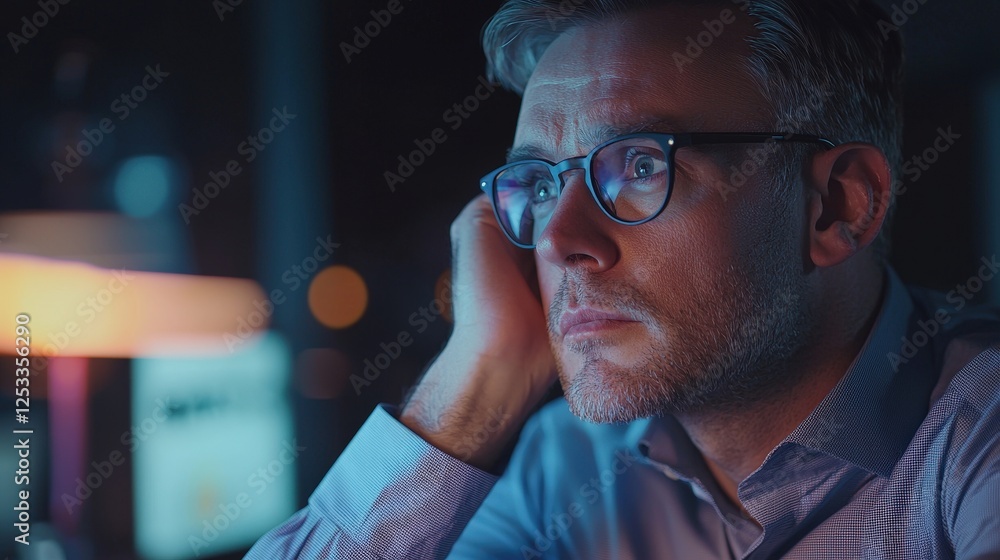 Poster pensive male administrator analyzing data in dimly lit room with optical devices and computer screen