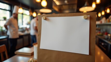 Portrait Paper Mockup, Restaurant kitchen bustling scene portrait paper pinned photorealistic.
