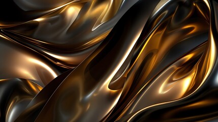 3D rendering of abstract background with smooth and wavy folds of golden and black silk.