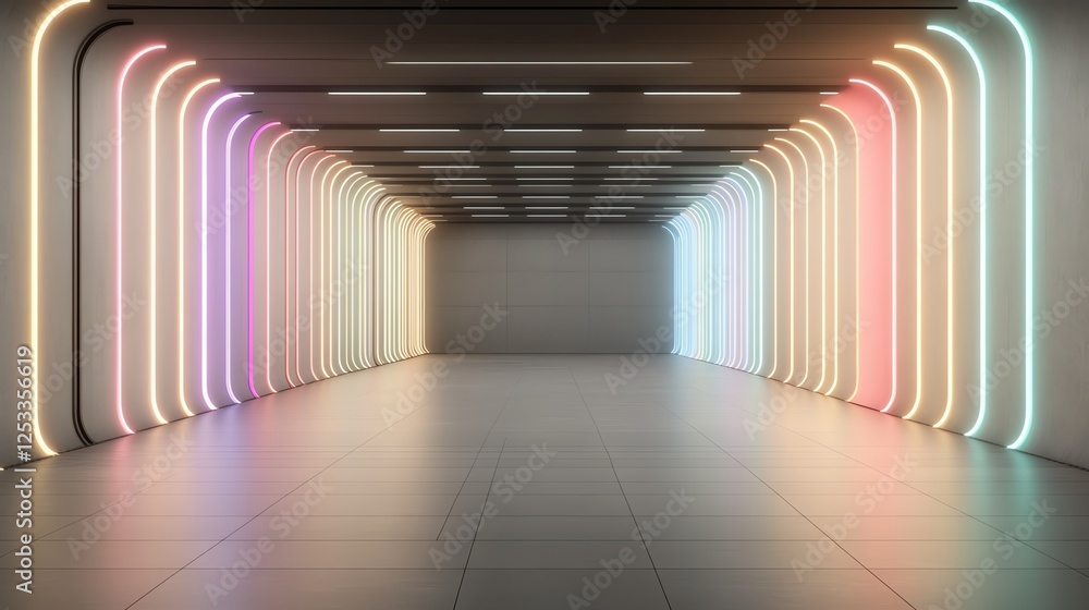 Poster futuristic corridor illuminated by colorful neon lights, creating a modern and dynamic atmosphere.