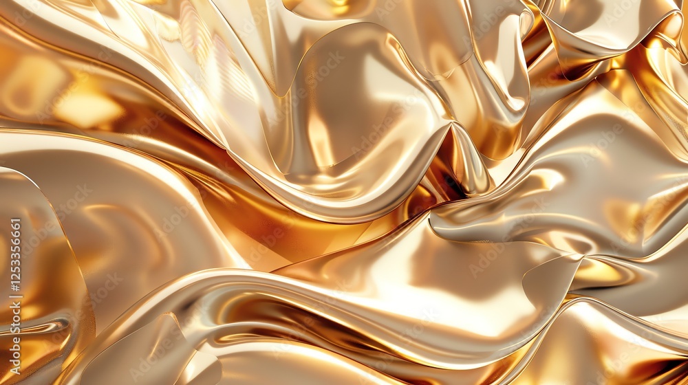 Poster golden waves. 3d rendering of a luxurious golden fabric with soft folds.