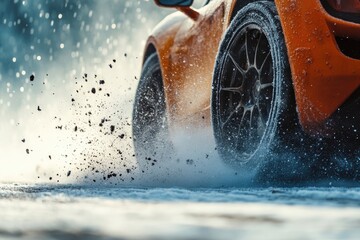 Close-up of a car tire driving over snowy ground, kicking up a plume of debris and snow.