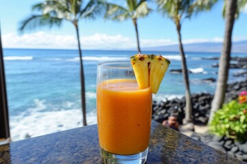 Obraz premium Tropical pineapple smoothie with ocean view and palm trees
