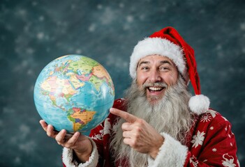 portrait of a smiling man in santas hat pointing at a globe