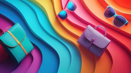 Colorful Accessories on Vibrant Waves of Paper Background