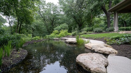 Serene backyard pond, stone path, lush greenery, house corner