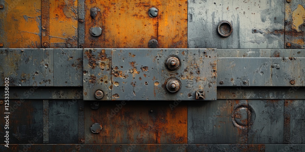 Poster abstract scene where metal textures create a layered and industrial background, incorporating elements like brushed steel and rusted surfaces to evoke a sense of mechanic