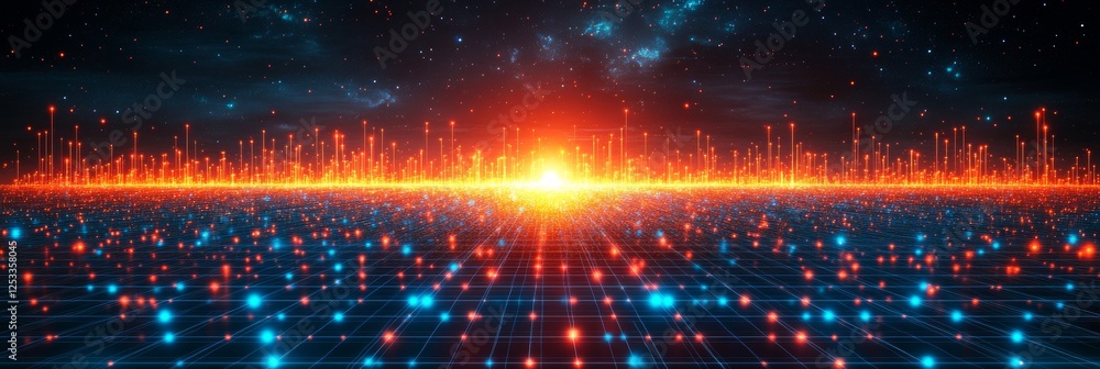 Aufkleber glowing grid landscape with data visualization, big data analytics, futuristic technology background