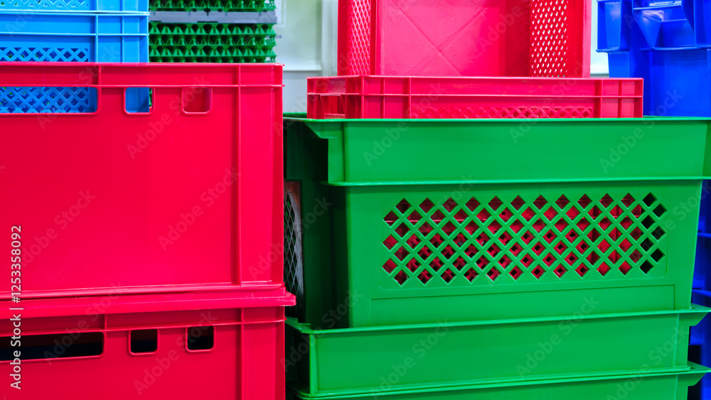 Poster a stack of colorful plastic containers, including green, red, and blue. the containers are piled on 