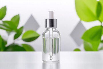 Clear glass bottle with dropper, filled with liquid, surrounded by green leaves. Ideal for skincare or essential oils, showcasing minimalist aesthetic