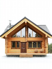 Cozy Log Cabin: A charming log cabin, exudes warmth and rustic appeal, featuring a timber frame, expansive windows, inviting porch, and a sense of serene escape.