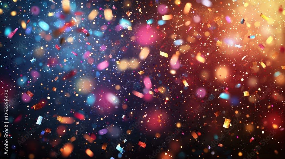 Poster vibrant dynamic background with colorful confetti and sparkles in a festive 2d style
