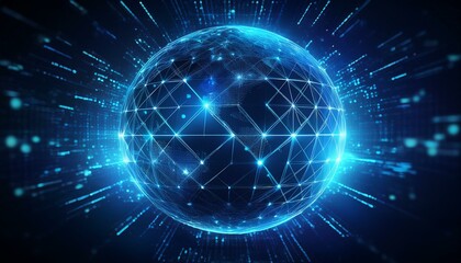 a luminous blue digital sphere made of countless glowing particles floats against a dark background creating a futuristic and high tech aesthetic