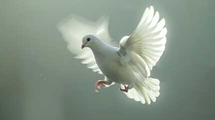 Fototapeta premium A beautiful white dove is flying in the sky. The dove has its wings spread wide and is flying towards the viewer.