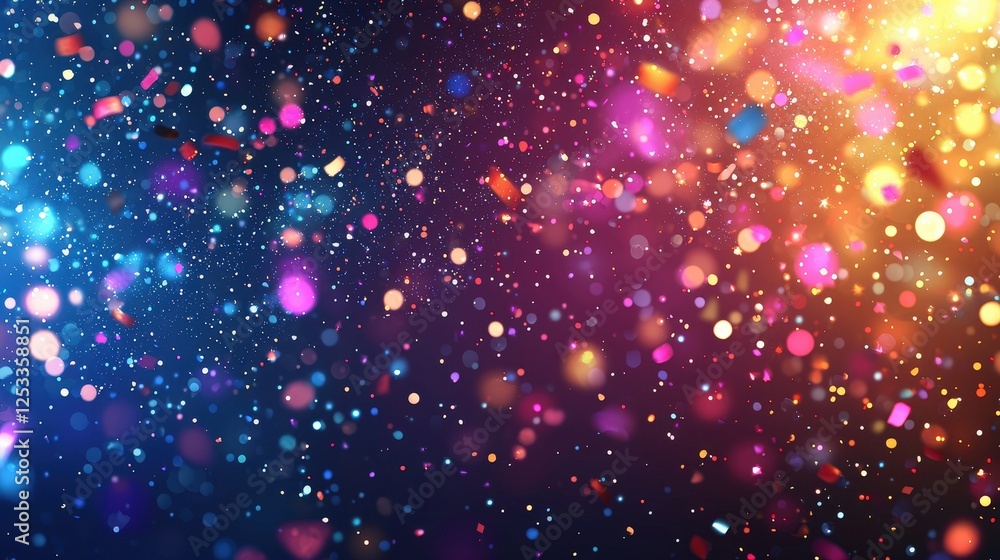 Poster dynamic background with splits and glare featuring colorful confetti and bokeh in a vibrant atmosphe