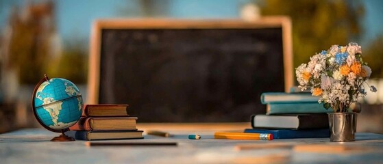 Obraz premium Vintage Globe and Stack of Books on Desk with Chalkboard and Flowers