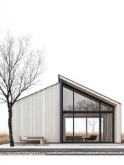 Modern Architectural Haven: A minimalist modern house stands in serene isolation, surrounded by a tranquil landscape. The architectural design, marked by clean lines and a pitched roof.