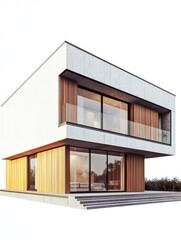 Fototapeta premium Modern Architectural Marvel: Captivating shot of a contemporary residence showcasing clean lines, expansive windows, and natural wooden accents