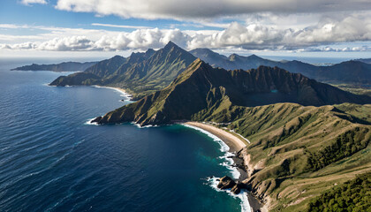 Le paysage c&ocirc;tier verdoyant et escarp&eacute; sous un ciel nuageux.