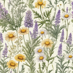 Vintage watercolor seamless botanical pattern with different plants