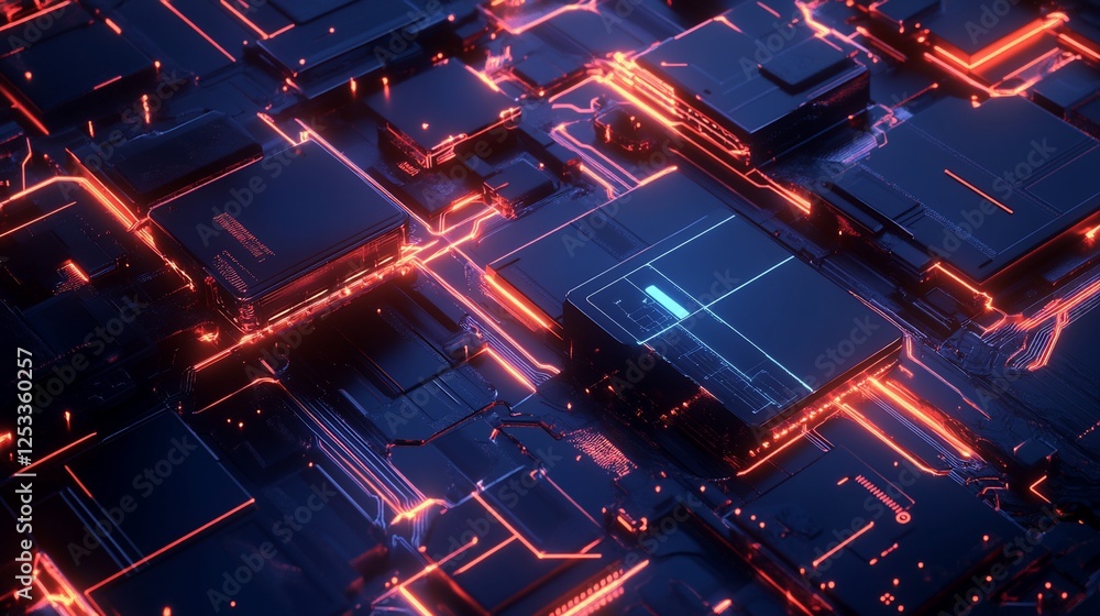 Poster abstract circuit board with glowing orange paths and geometric shapes in a futuristic design