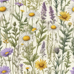 Vintage watercolor seamless botanical pattern with different plants