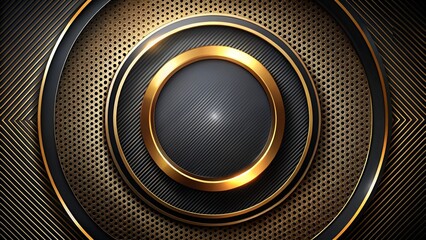 Luxury circular abstract black metal background with golden light lines. Dark geometric texture illustration. Bright circles pattern. Pure black horizontal banner wallpaper. Carbon elegant striped BG