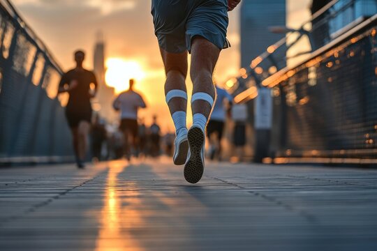 A man with a prosthetic leg runs on a city bridge walkway at sunrise.