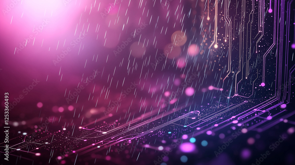 Poster abstract purple background with digital glitch effects and rain, featuring circuit patterns and vibr