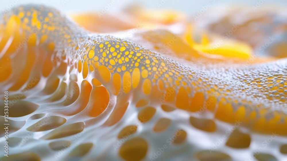 Poster close up view of vibrant, intricate cellular structures resembling biological forms, showcasing a ne