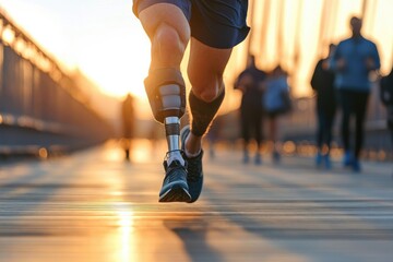 A man with a prosthetic leg runs on a city bridge walkway at sunrise.