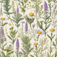 Vintage watercolor seamless botanical pattern with different plants