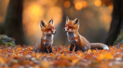 Two Red Fox Kits Amongst Autumn Leaves