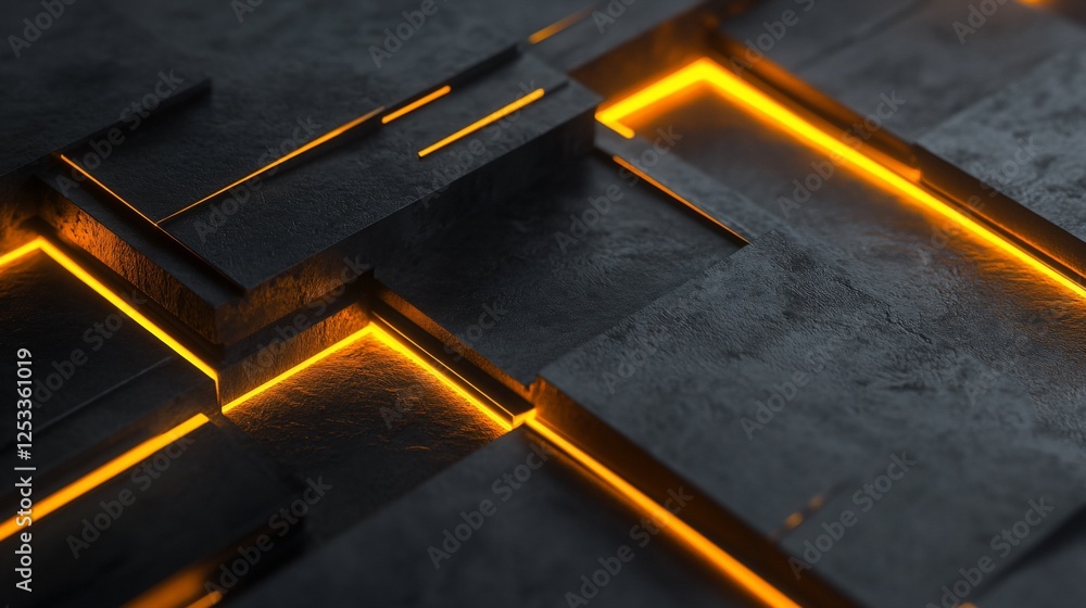 Poster abstract geometric dark pattern with glowing orange lines on a rough surface