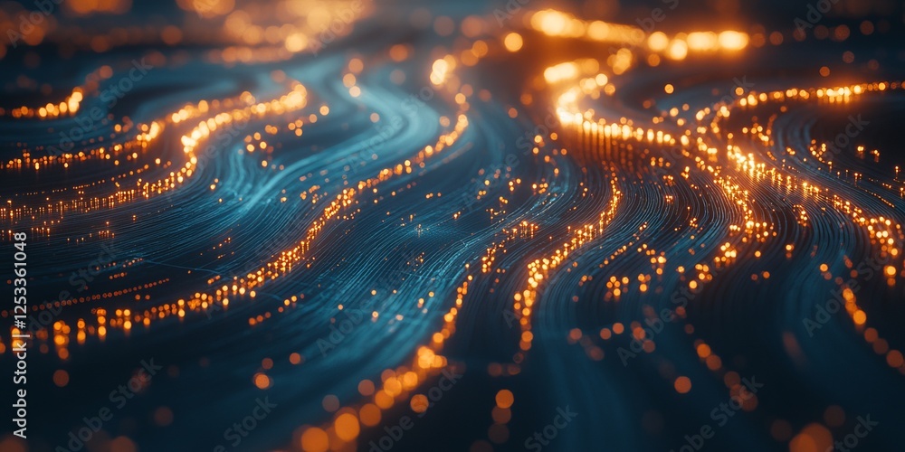 Poster abstract data network with turquoise lines and golden nodes, visualizing electronic communication