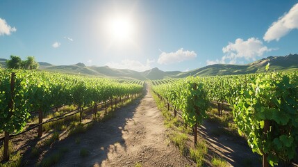 Naklejka premium A sprawling vineyard under a bright sun, with rows of grapevines stretching out towards rolling hills