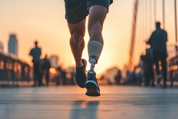 Fototapeta premium A man with a prosthetic leg runs on a city bridge walkway at sunrise.