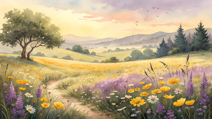 Watercolor landscape of blooming meadows in yellow and purple, evoking spring and renewal for International Women's Day with copy space  
