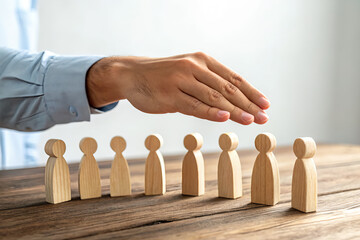 Hand Over Wooden Figures Symbolizing Protection and Guidance