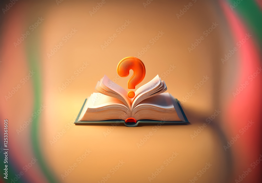 Aufkleber an open book displays a glowing question mark hovering above its pages, symbolizing curiosity and th