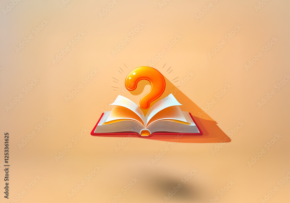 Aufkleber cartoon style open book with a bright orange question mark floating above it, casting a shadow. repr