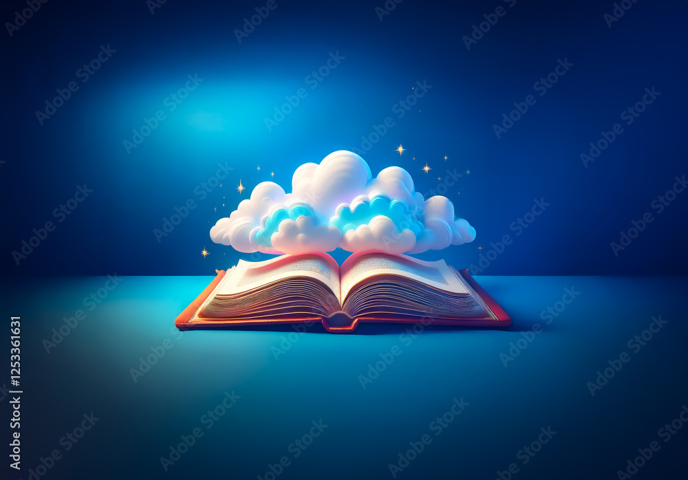 Poster open book with fluffy clouds and sparkles floating above against a blue backdrop, evoking dreams and