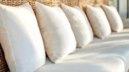 Fototapeta premium A large, comfortable outdoor sofa with wicker cushions and white fabric seats on the terrace of an elegant garden or courtyard for relaxation in summer