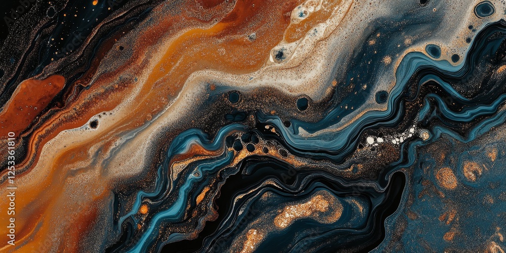 Poster abstract scene where abstract fluid art reveals intricate and organic patterns, using a mix of vibrant and muted colors to evoke a sense of depth and movement in a captiv