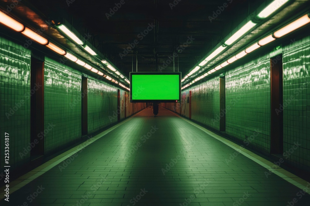Poster empty subway tunnel with green screen display
