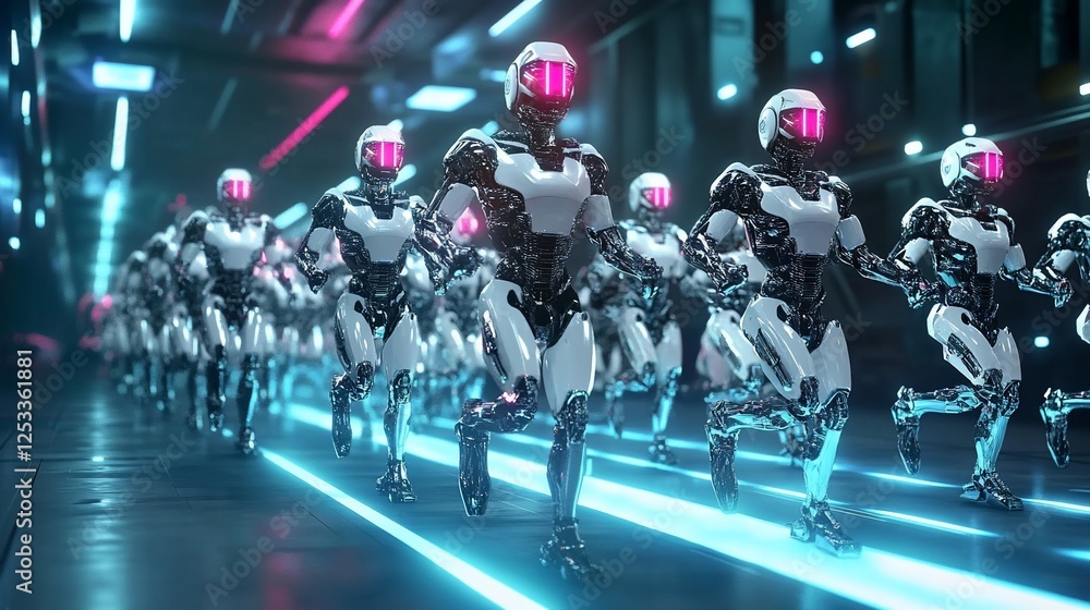 Poster a futuristic procession of running robots in a neon lit corridor