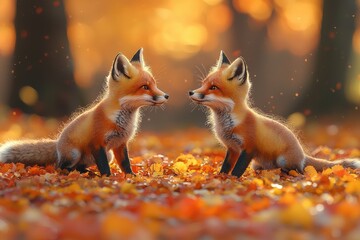 Two Red Fox Kits Face Each Other In Autumn Leaves