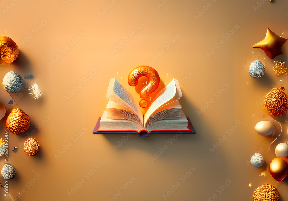 Aufkleber an open book with a question mark hovering above it, is adorned with festive eggs and stars against 
